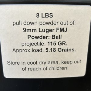 9mm Luger Ball pull down powder. 8 LBS De-Mill Products www.cdvs.us
