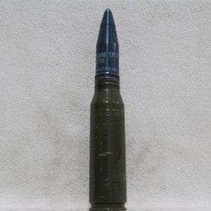 25mm Bushmaster fired case dummy round with blue tpt projectile, Price Each