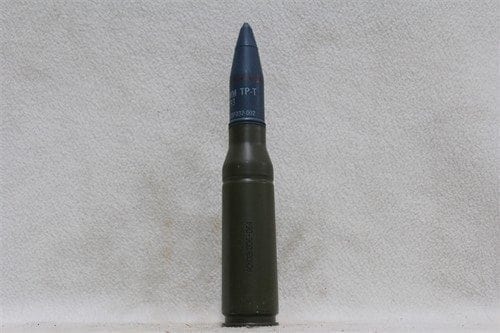 25mm Bushmaster new case dummy round with blue tpt projectile, Price Each