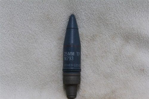 25mm Bushmaster M-793 new, blue, tpt projectiles with long tracer cone, Price Each