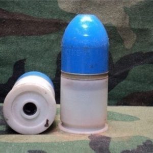 M79/203 Inert plastic case dummy round with blue plastic projectile.