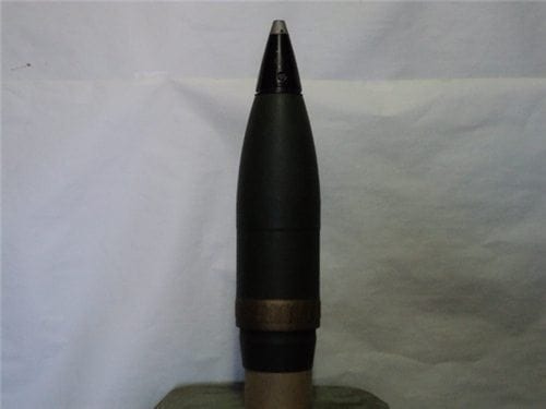 4.2 inch inert mortar round painted olive drab with inert fuse