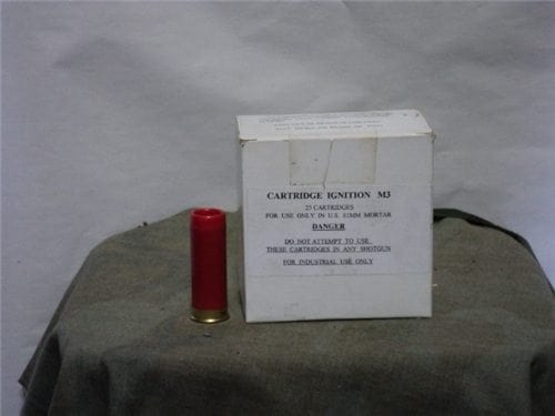 81mm mortar launch cartridge marked “cartridge, ignition M-3 for use in 81mm mortars only” Box of 25 rounds