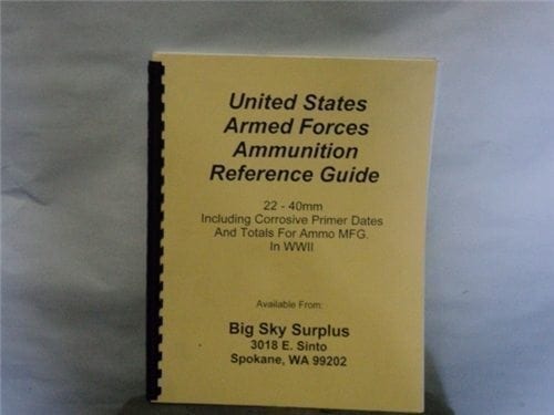 Small caliber ammunition identification guide 22 to 40mm. Includes corrosive ammo cutoff dates and totals for ammunition manufactured in WW-1 and 2
