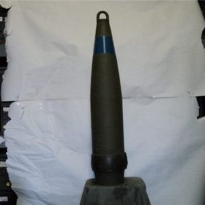 155MM inert cluster bomb projectile with driving band protector and lift ring. Shell marked M-483 or M549 FAST CAM CB Projectile-32-1/2″ tall takes M-557 PD nose fuse