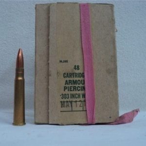 303 British AP ammo, box marked 48 Cart. Armor piercing, 303 inch may 1943. This is the most powerful small caliber AP ammo ever manufactured. 48 round pack.