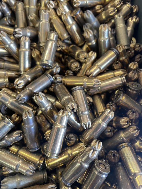 9MM Luger Re-loadable, Non Corrosive, crimp type blanks for re-enactments. 100 round bag. 9MM www.cdvs.us
