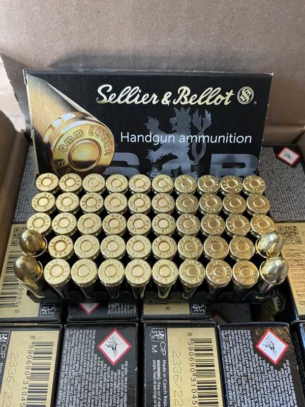 Sellier and Bellot 9mm Brass case, 115 Grain FMJ ammo. 50 round Box 9MM www.cdvs.us
