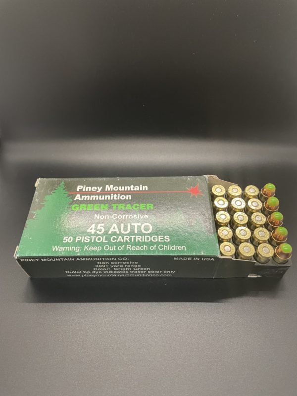 45 ACP Piney Mountain Green Tracer ammo. 50 rounds 45 ACP www.cdvs.us