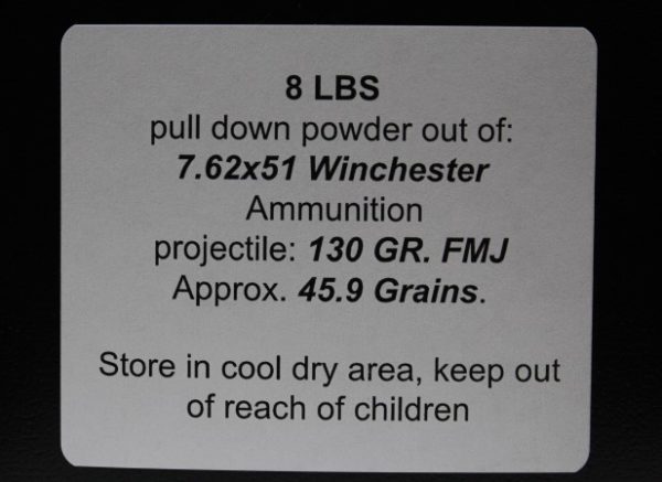 7.62×51 130 Grain FMJ pull down powder. 8 LBS 308 www.cdvs.us