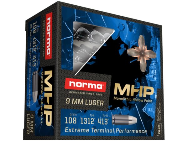 Norma Home Defense MHP Ammunition 9mm Luger 108 Grain Monolithic Hollow Point Lead Free Box of 20 Ammo www.cdvs.us