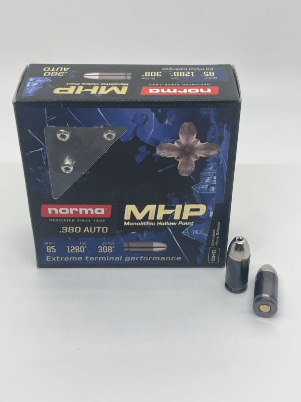 Norma Home Defense MHP Ammunition 380 ACP 85 Grain Solid Hollow Point Lead Free Box of 20 Ammo www.cdvs.us