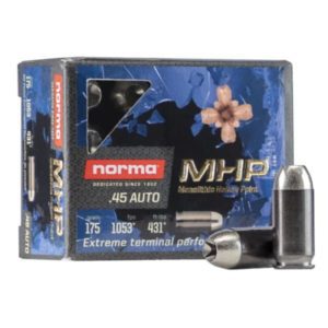 Norma Home Defense MHP Ammunition 45 ACP 175 Grain Solid Hollow Point Lead Free Box of 20 Ammo / Components www.cdvs.us