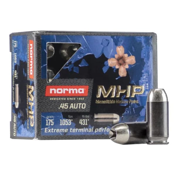 Norma Home Defense MHP Ammunition 45 ACP 175 Grain Solid Hollow Point Lead Free Box of 20 Ammo www.cdvs.us